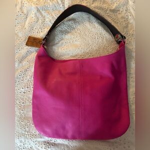 Katie Kalsi Pink Leather Hobo Bag With Hand Painted Strap